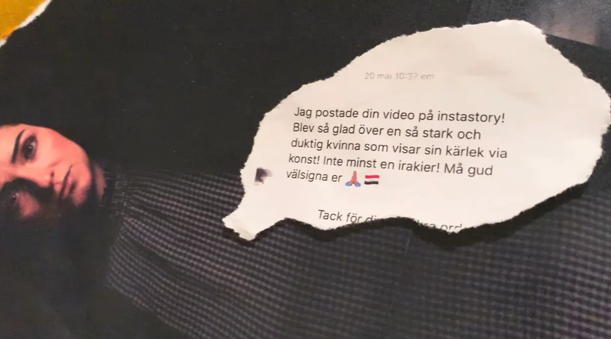 Detail of a collage panel: a torn paper fragment carrying a printed Swedish message, with the sender's name blacked out, laid over a photograph of the artist in a dark veil.